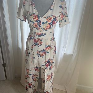 Floral shorts romper with skirt detail